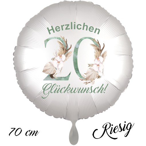 Großer Luftballon zum 20. Geburtstag mit Helium, Herzlichen Glückwunsch - Boho