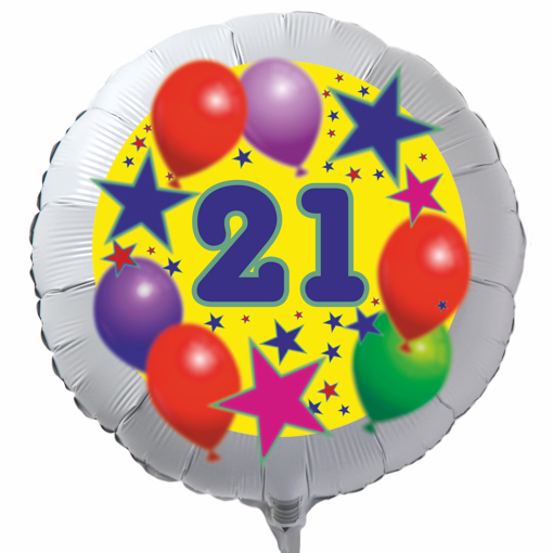 Luftballon zum 21. Geburtstag, Sterne und Luftballons, Rundballon in Weiß mit Ballongas Helium