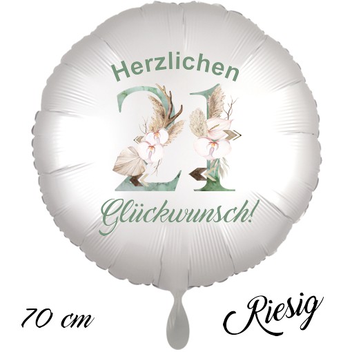 Großer Luftballon zum 21. Geburtstag mit Helium, Herzlichen Glückwunsch - Boho