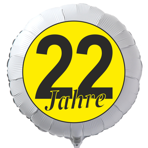 Luftballon zum 22. Geburtstag, 22 Jahre in Schwarz-Gelb, Rundballon in Weiß mit Ballongas Helium