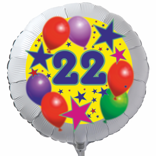Luftballon zum 22. Geburtstag, Sterne und Luftballons, Rundballon in Weiß mit Ballongas Helium