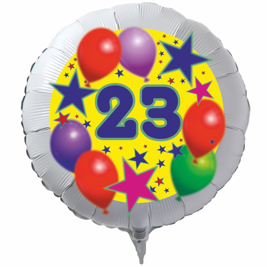 Luftballon zum 23. Geburtstag, Sterne und Luftballons, Rundballon in Weiß mit Ballongas Helium