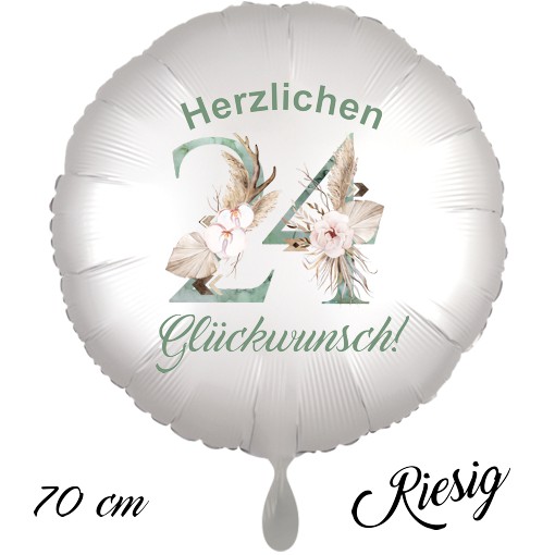 Großer Luftballon zum 24. Geburtstag mit Helium, Herzlichen Glückwunsch - Boho