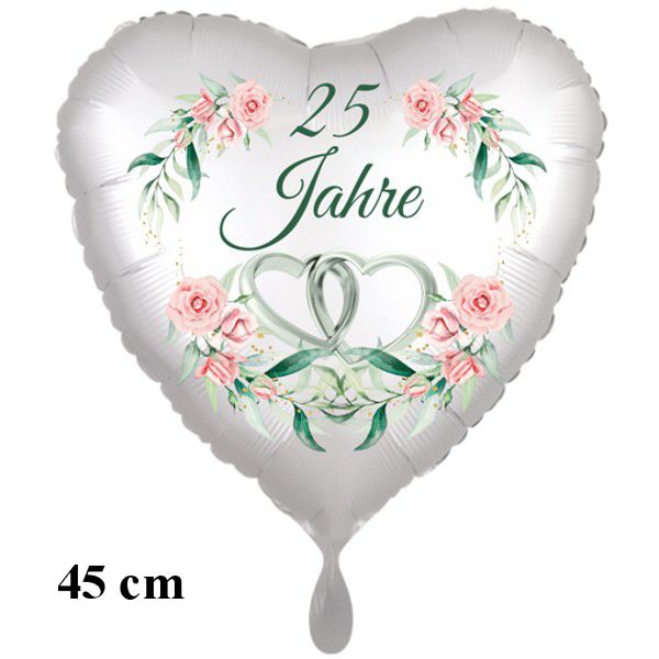 25 Jahre - satinweißer Herzluftballon zur Silbernen Hochzeit, silverhearts