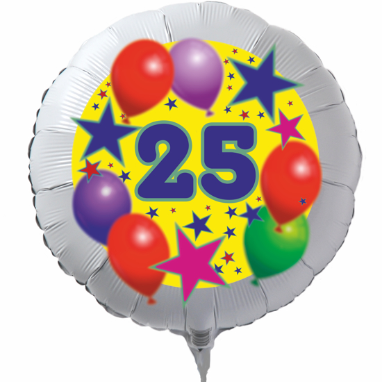 Luftballon zum 25. Geburtstag, Sterne und Luftballons, Rundballon in Weiß mit Ballongas Helium
