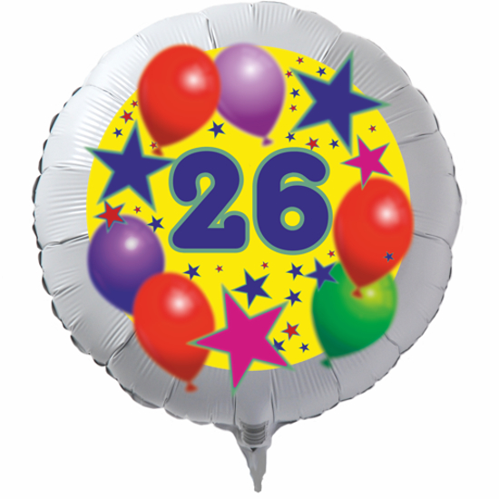 Luftballon zum 26. Geburtstag, Sterne und Luftballons, Rundballon in Weiß mit Ballongas Helium