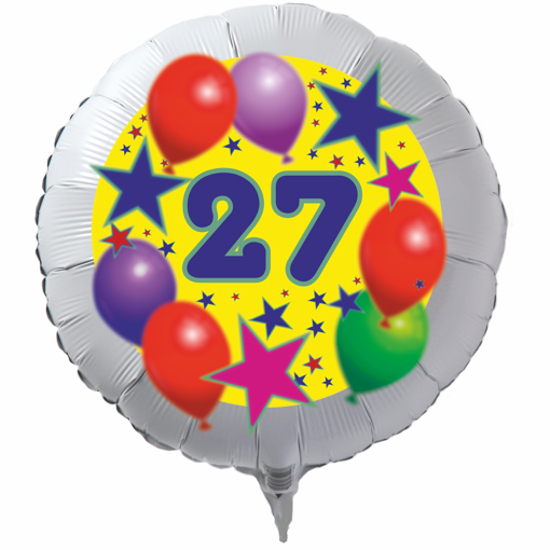 Luftballon zum 27. Geburtstag, Sterne und Luftballons, Rundballon in Weiß mit Ballongas Helium