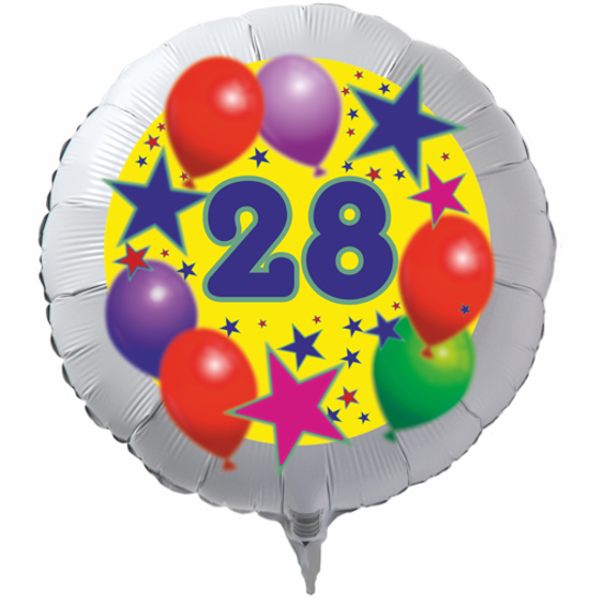 Luftballon zum 28. Geburtstag, Sterne und Luftballons, Rundballon in Weiß mit Ballongas Helium