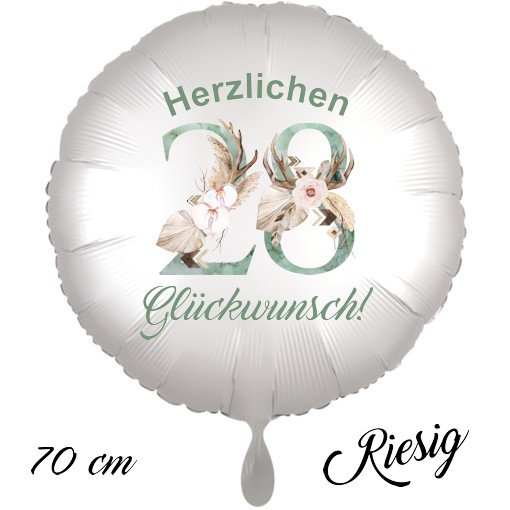 Großer Luftballon zum 28. Geburtstag mit Helium, Herzlichen Glückwunsch - Boho