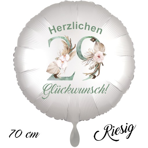 Großer Luftballon zum 29. Geburtstag mit Helium, Herzlichen Glückwunsch - Boho