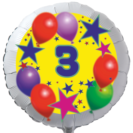 Luftballon zum 3. Geburtstag, Sterne und Luftballons, Rundballon in Weiß mit Ballongas Helium