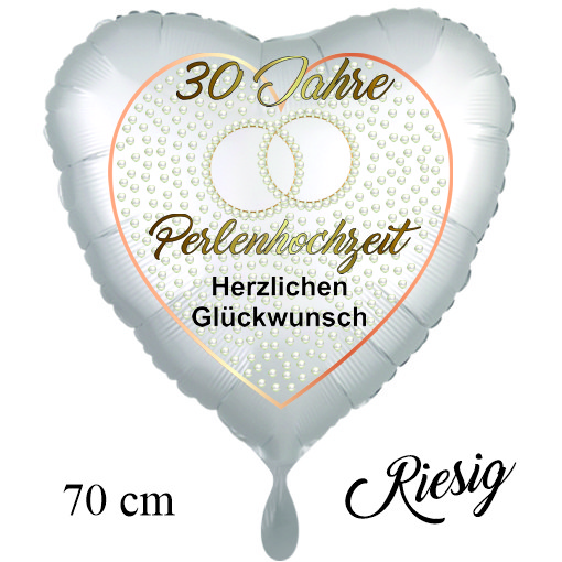 30 Jahre Perlenhochzeit Herzlichen Glückwunsch, Herzballon, 70cm, satin de luxe, weiss