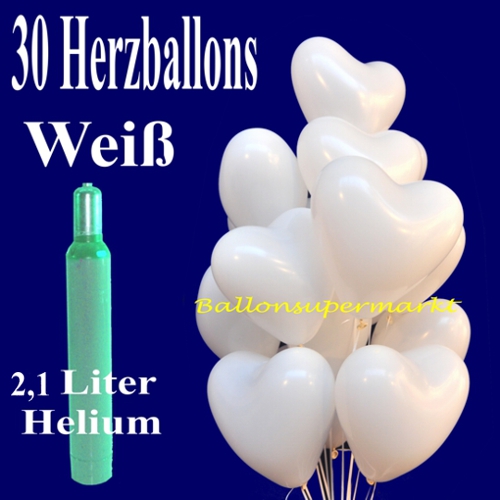 30 weiße Herzluftballons mit 2,1 Liter Helium zur Hochzeit