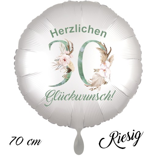 Großer Luftballon zum 30. Geburtstag mit Helium, Herzlichen Glückwunsch - Boho