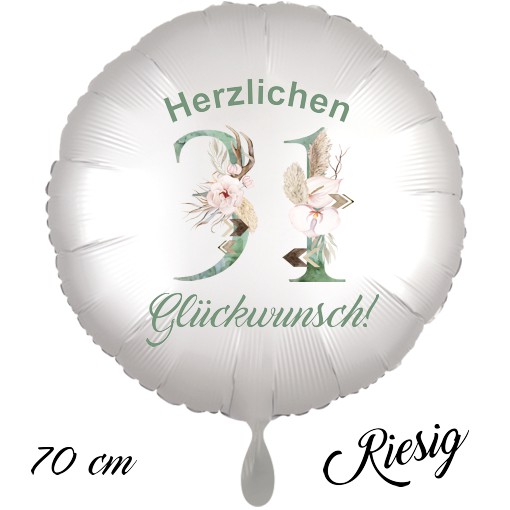 Großer Luftballon zum 31. Geburtstag mit Helium, Herzlichen Glückwunsch - Boho