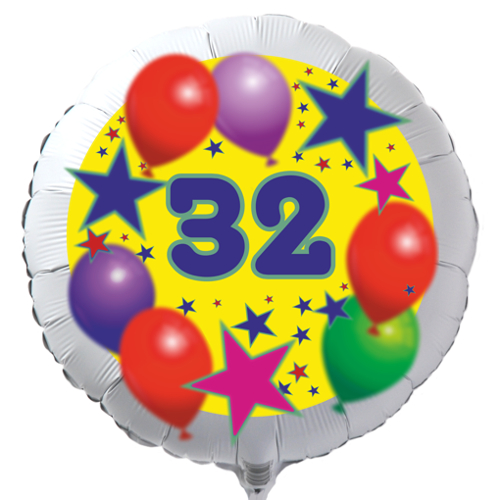 Luftballon zum 32. Geburtstag, Sterne und Luftballons, Rundballon in Weiß mit Ballongas Helium