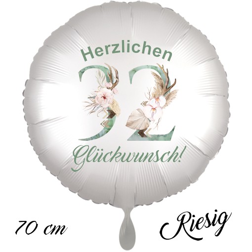 Großer Luftballon zum 32. Geburtstag mit Helium, Herzlichen Glückwunsch - Boho