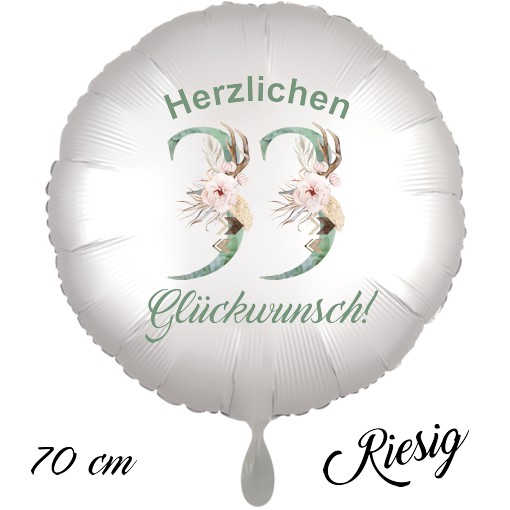 Großer Luftballon zum 33. Geburtstag mit Helium, Herzlichen Glückwunsch - Boho