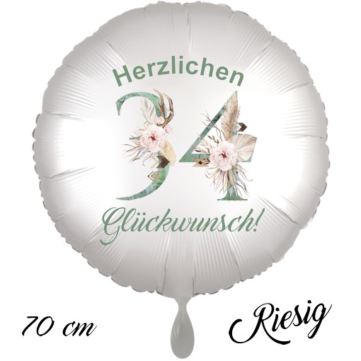 Großer Luftballon zum 34. Geburtstag mit Helium, Herzlichen Glückwunsch - Boho