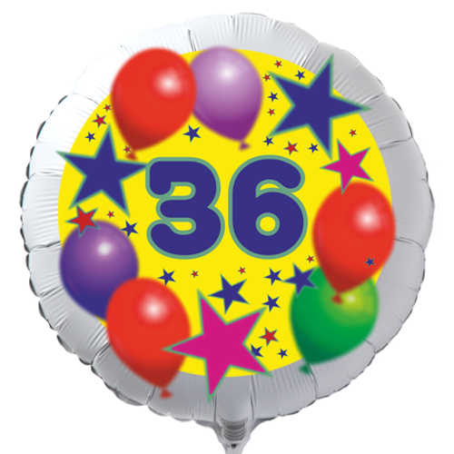 Luftballon zum 36. Geburtstag, Sterne und Luftballons, Rundballon in Weiß mit Ballongas Helium