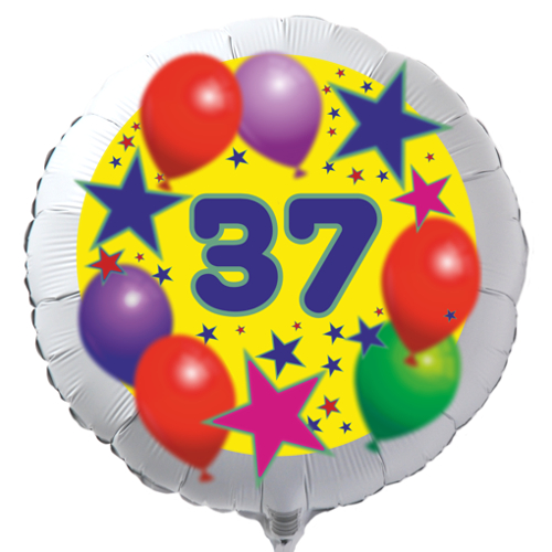 Luftballon zum 37. Geburtstag, Sterne und Luftballons, Rundballon in Weiß mit Ballongas Helium