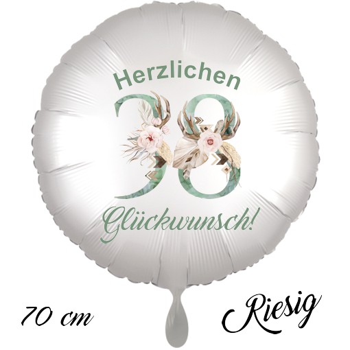 Großer Luftballon zum 38. Geburtstag mit Helium, Herzlichen Glückwunsch - Boho