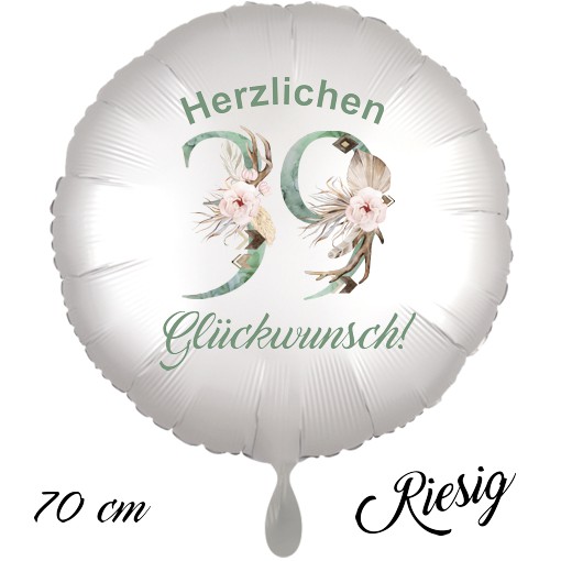 Großer Luftballon zum 39. Geburtstag mit Helium, Herzlichen Glückwunsch - Boho