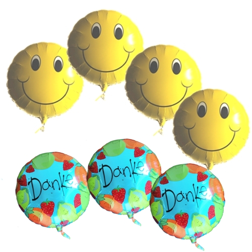 Danke mit Smiley, 4 Smiley Luftballons und 3 Danke Luftballons mit Ballongas-Helium