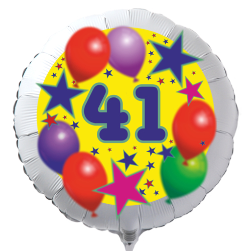 Luftballon zum 41. Geburtstag, Sterne und Luftballons, Rundballon in Weiß mit Ballongas Helium
