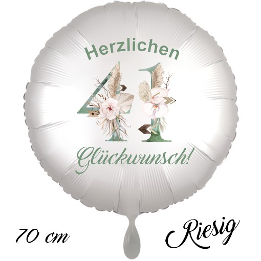 Großer Luftballon zum 41. Geburtstag mit Helium, Herzlichen Glückwunsch - Boho