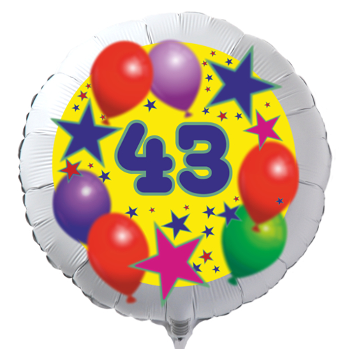 Luftballon zum 43. Geburtstag, Sterne und Luftballons, Rundballon in Weiß mit Ballongas Helium