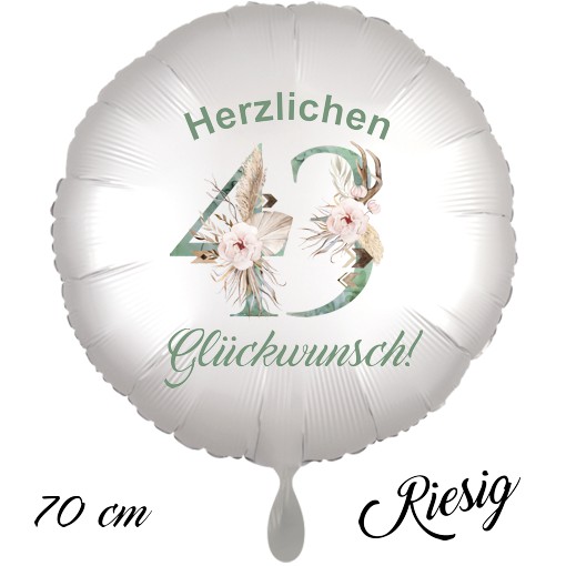 Großer Luftballon zum 43. Geburtstag mit Helium, Herzlichen Glückwunsch - Boho