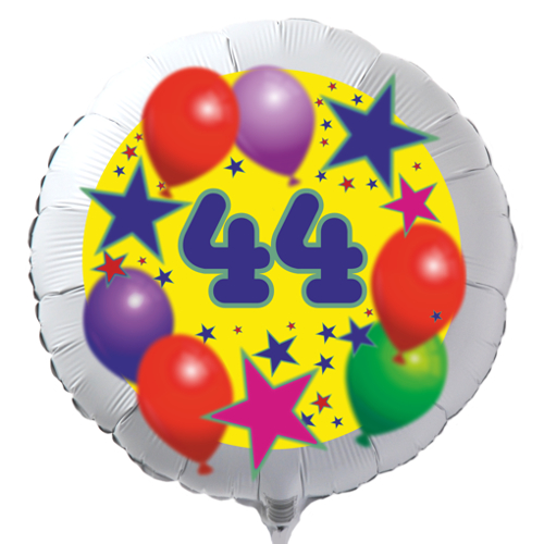 Luftballon zum 44. Geburtstag, Sterne und Luftballons, Rundballon in Weiß mit Ballongas Helium