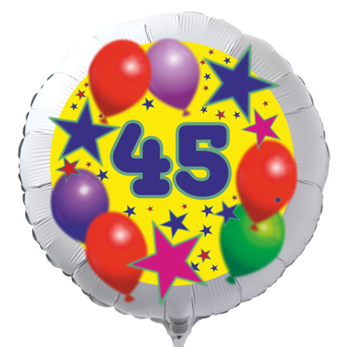 Luftballon zum 45. Geburtstag, Sterne und Luftballons, Rundballon in Weiß mit Ballongas Helium