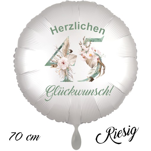 Großer Luftballon zum 45. Geburtstag mit Helium, Herzlichen Glückwunsch - Boho