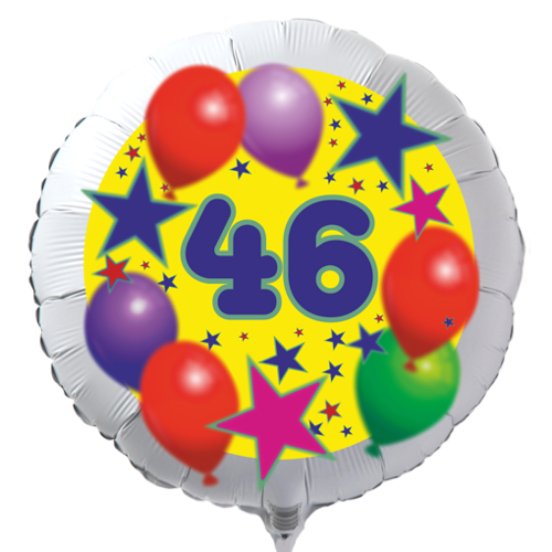 Luftballon zum 46. Geburtstag, Sterne und Luftballons, Rundballon in Weiß mit Ballongas Helium