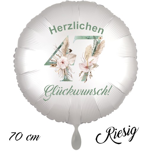 Großer Luftballon zum 47. Geburtstag mit Helium, Herzlichen Glückwunsch - Boho