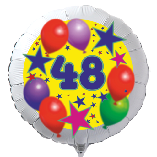 Luftballon zum 48. Geburtstag, Sterne und Luftballons, Rundballon in Weiß mit Ballongas Helium