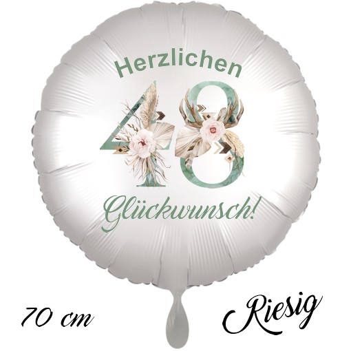 Großer Luftballon zum 48. Geburtstag mit Helium, Herzlichen Glückwunsch - Boho