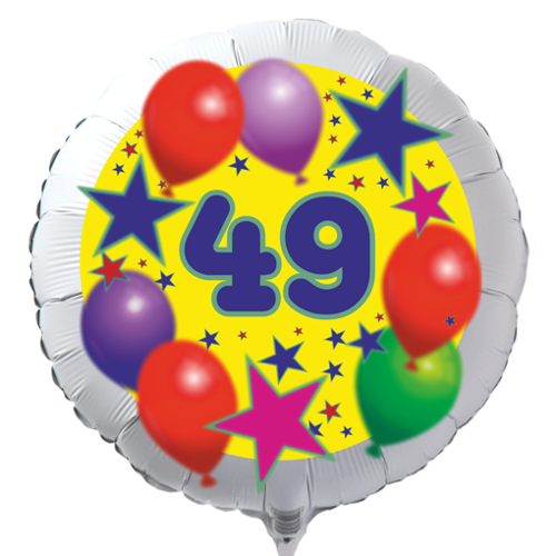 Luftballon zum 49. Geburtstag, Sterne und Luftballons, Rundballon in Weiß mit Ballongas Helium