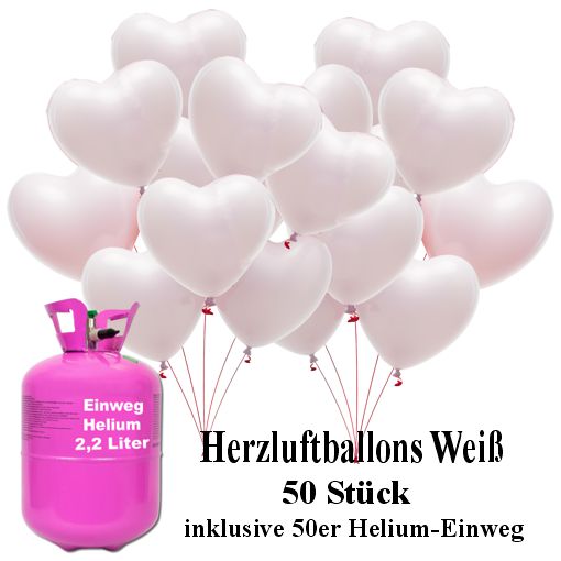 50 Herzballons in Weiß mit dem 50er Helium-Einweg Tank 50 Herzballons in Weiß mit dem 50er Helium-Einweg Tank