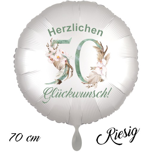 Großer Luftballon zum 50. Geburtstag mit Helium, Herzlichen Glückwunsch - Boho