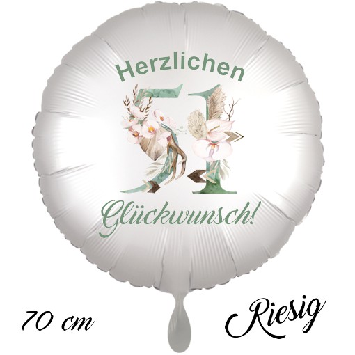 Großer Luftballon zum 51. Geburtstag mit Helium, Herzlichen Glückwunsch - Boho