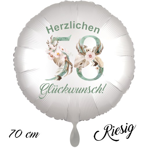 Großer Luftballon zum 58. Geburtstag mit Helium, Herzlichen Glückwunsch - Boho