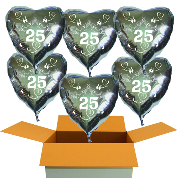 6-Herzluftballons-aus-Folie-zur-Silbernen-Hochzeit-mit-Helium-Ballongas-Tauben-Herzen-Schleifen