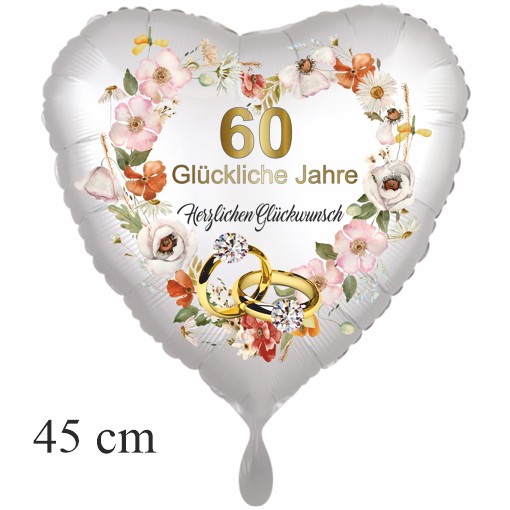 60 glückliche Jahre, Diamantene Hochzeit, Herzluftballon 45 cm