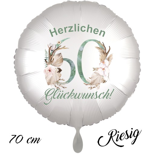 Großer Luftballon zum 60. Geburtstag mit Helium, Herzlichen Glückwunsch - Boho