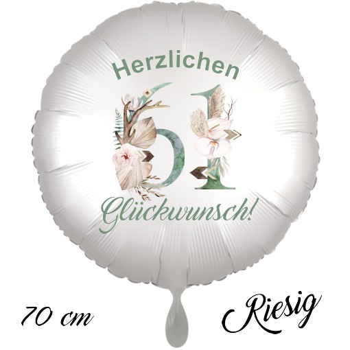 Großer Luftballon zum 61. Geburtstag mit Helium, Herzlichen Glückwunsch - Boho