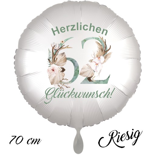 Großer Luftballon zum 62. Geburtstag mit Helium, Herzlichen Glückwunsch - Boho