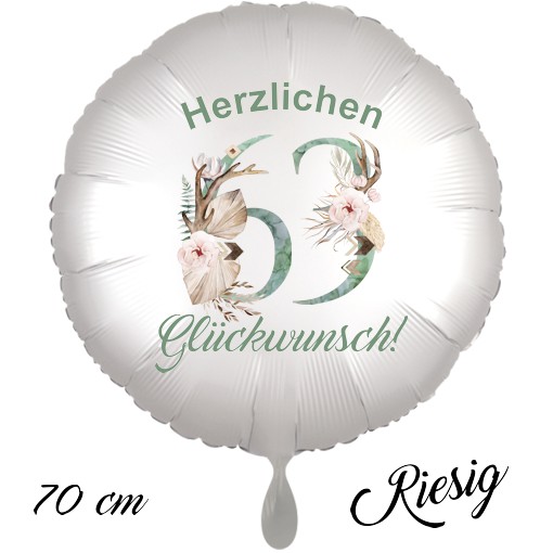 Großer Luftballon zum 63. Geburtstag mit Helium, Herzlichen Glückwunsch - Boho